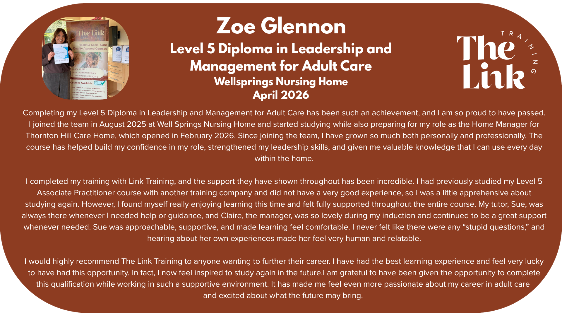 Testimonial from Zoe Glennon, Level 5 Diploma in Leadership and Management for Adult Care at Wellsprings Nursing Home, April 2026